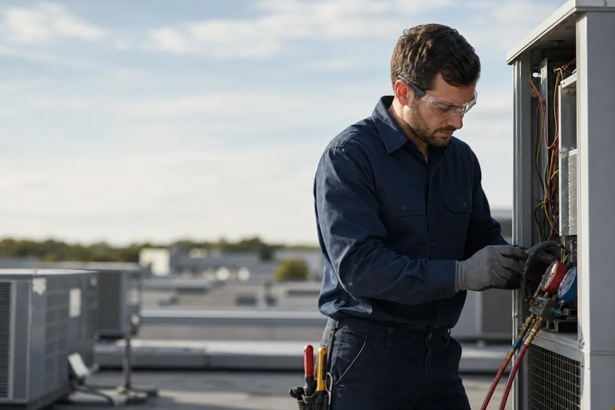 HVAC technician looking down while working on rooftop equipment