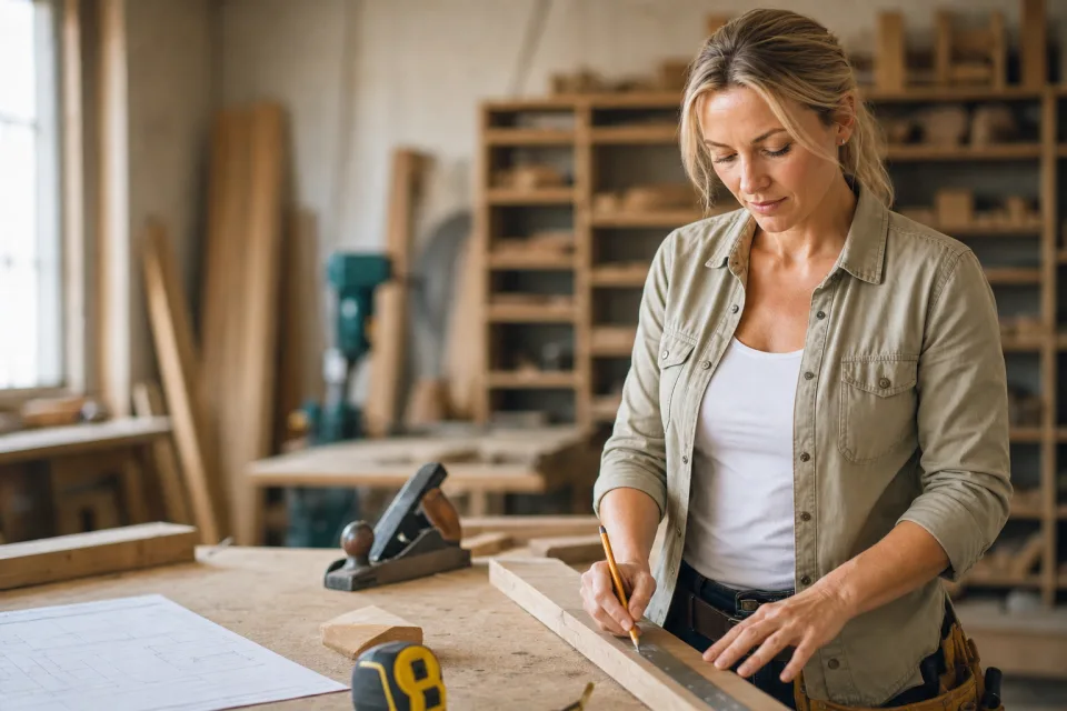 Female carpenter marking lumber from plans in a workshop